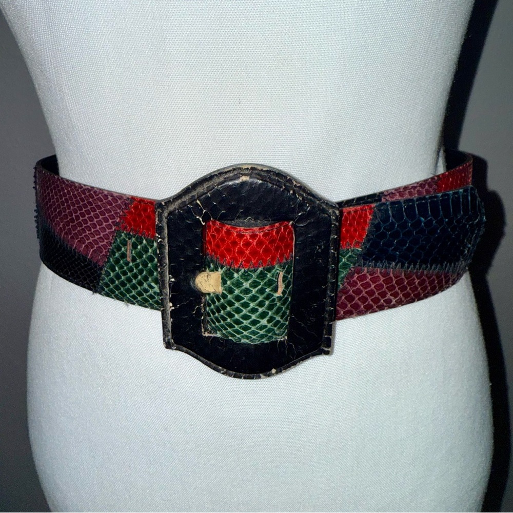 Rare Vintage Multicolor Genuine Snakeskin Belt Ladies M/L Red Green Black ‘80-90